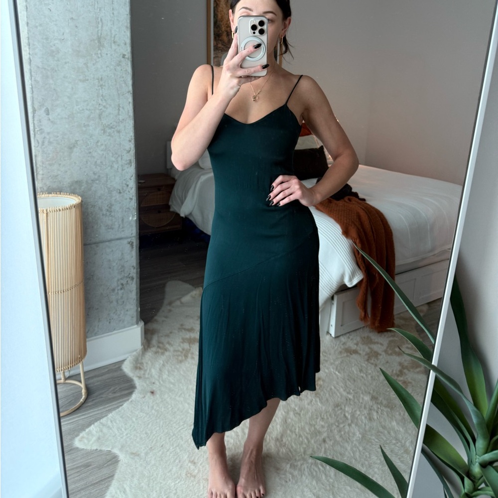 Mango emerald green asymmetrical satin slip dress